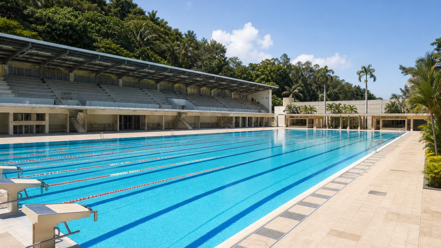 Empty outdoor public swimming complex in tropical daylight, lane ropes and starting blocks, no people