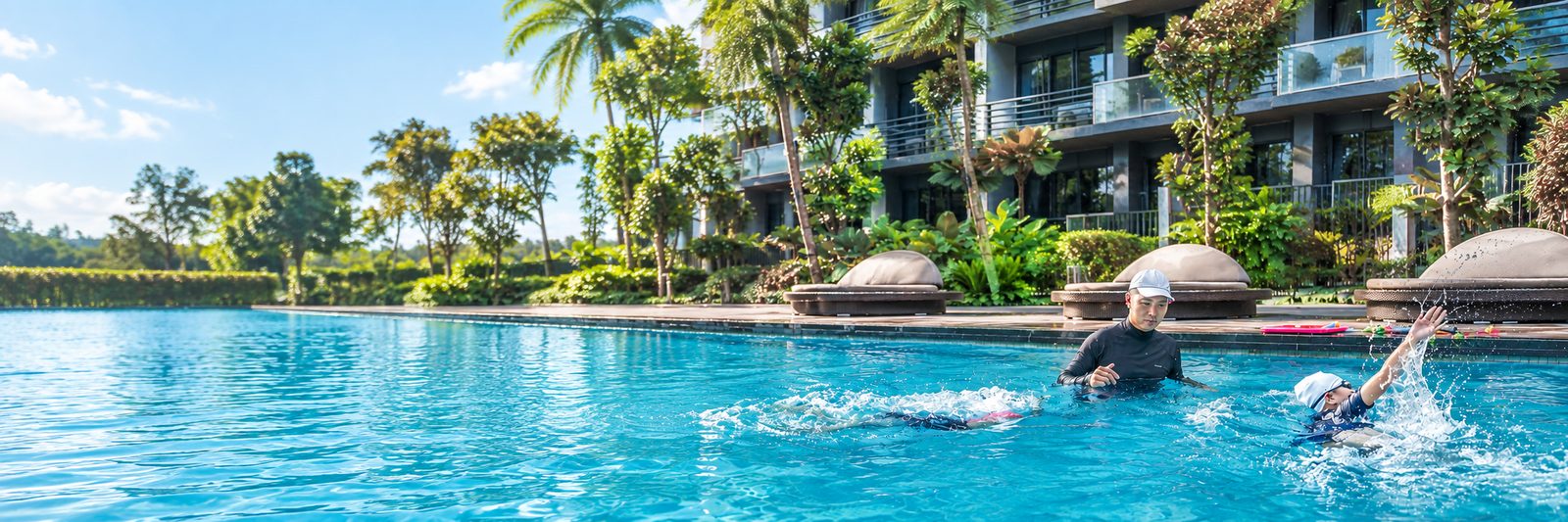 A coach teaching two children to swim in a condominium pool on a bright day